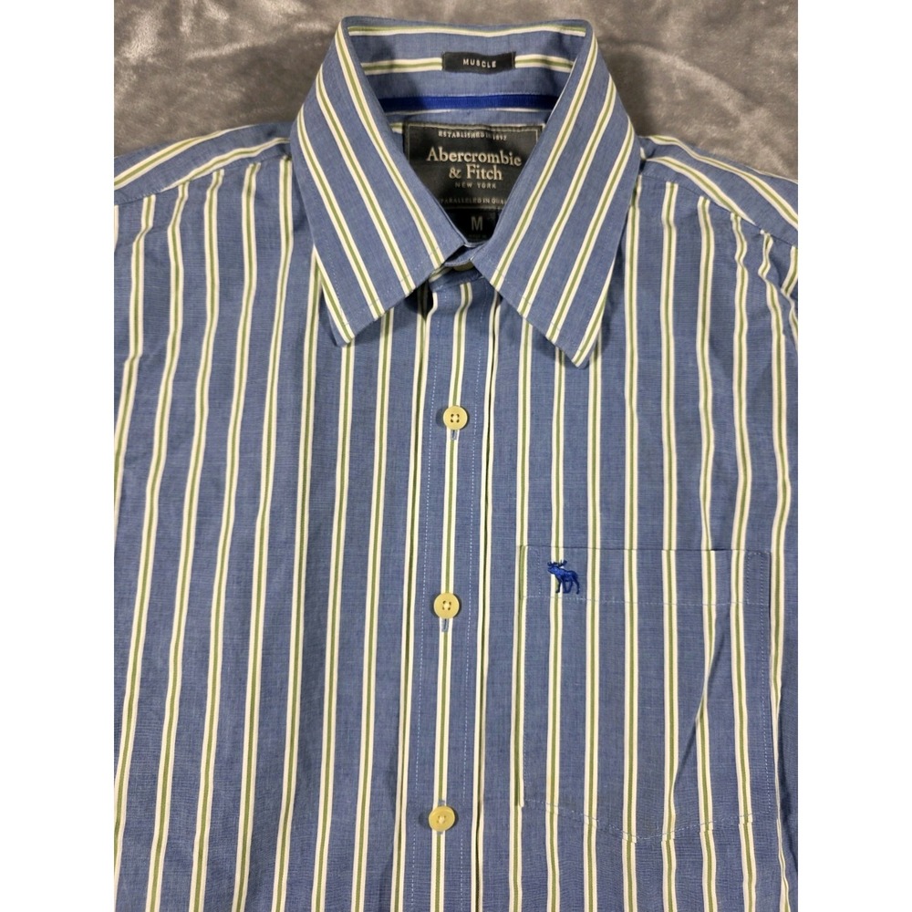 Abercrombie Fitch Men Button Up Shirt Medium Blue/Green/White Striped Muscle Fit